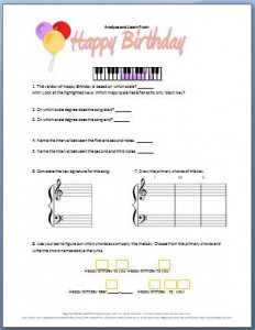 Piano worksheet: analysis of Happy Birthday