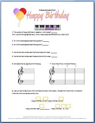 Piano Worksheet: Analyze Happy Birthday