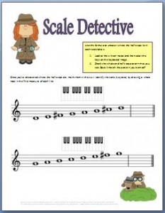 Music theory worksheet for learning the whole and half step pattern in major scales