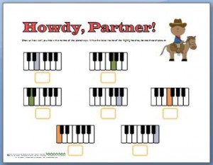 Piano worksheet for learning names of piano keys