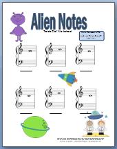 Free printable treble clef worksheet with alien theme