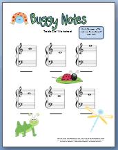 Free printable treble clef worksheet with bug theme