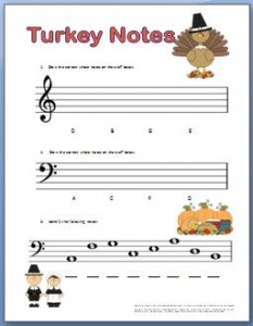 Piano worksheets for kids for Thanksgiving