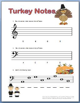 Piano Worksheets for Kids with Thanksgiving Theme
