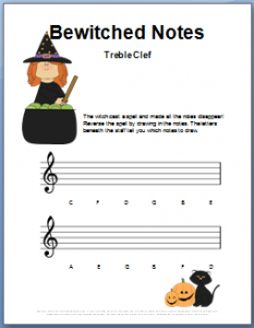 Treble Note Name Worksheet for Halloween