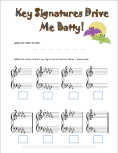 Free Halloween Music Theory Worksheet for flat key signatures