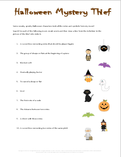 Music Vocabulary Worksheet and Game for Halloween