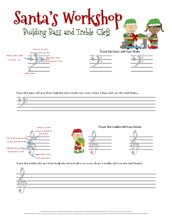 Santa's Workshop-A Christmas Music Worksheet for drawing bass and treble clefs