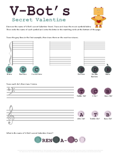 Valentines Music Symbols Tracing Worksheet VBots Secret Valentine